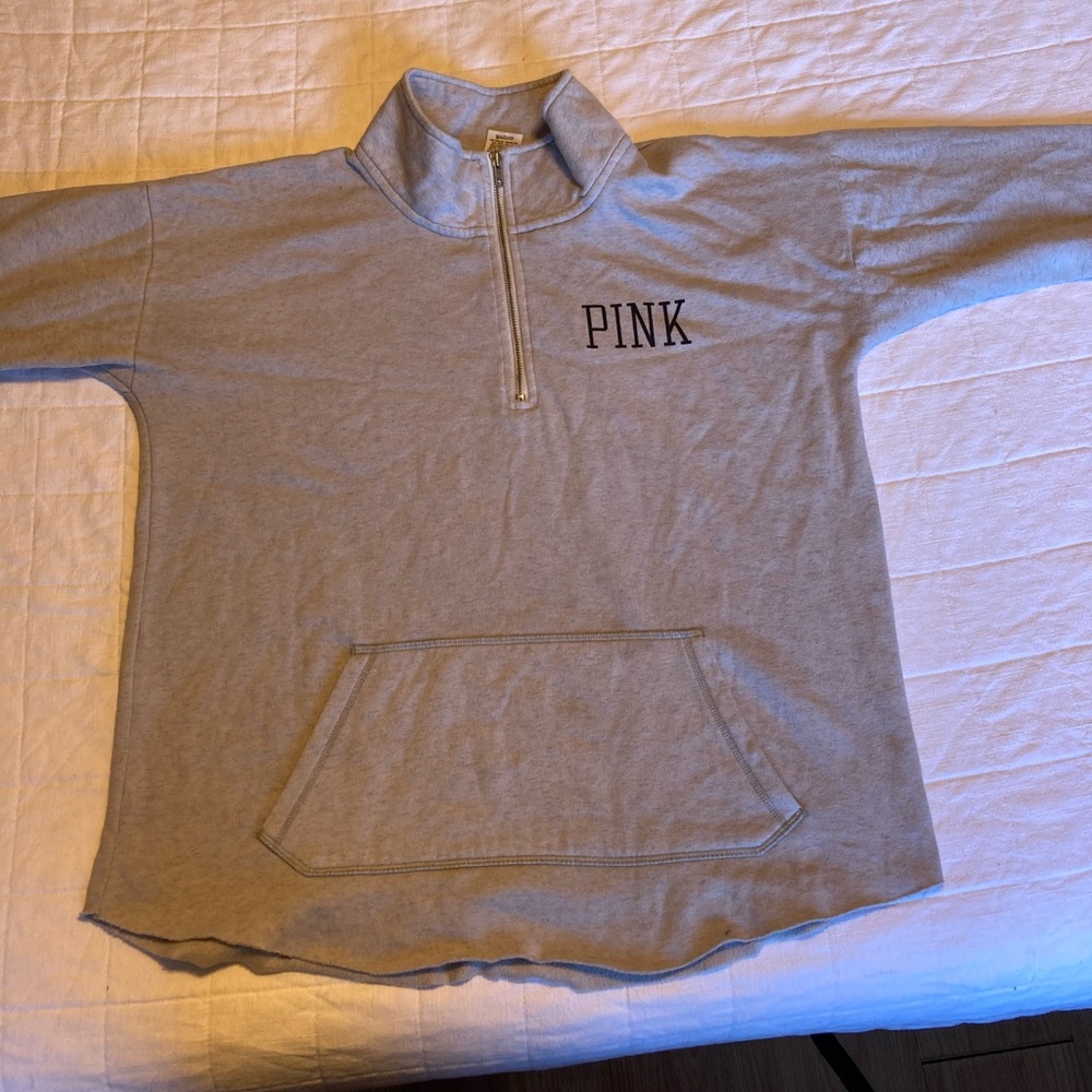 PINK, grey pullover quarter zip sweatshirt